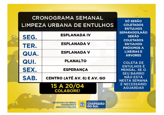 Imagem de compartilhamento para o artigo Chapadão do Sul divulga cronograma de limpeza urbana semanal; saiba quando descartar entulhos da MS Todo dia